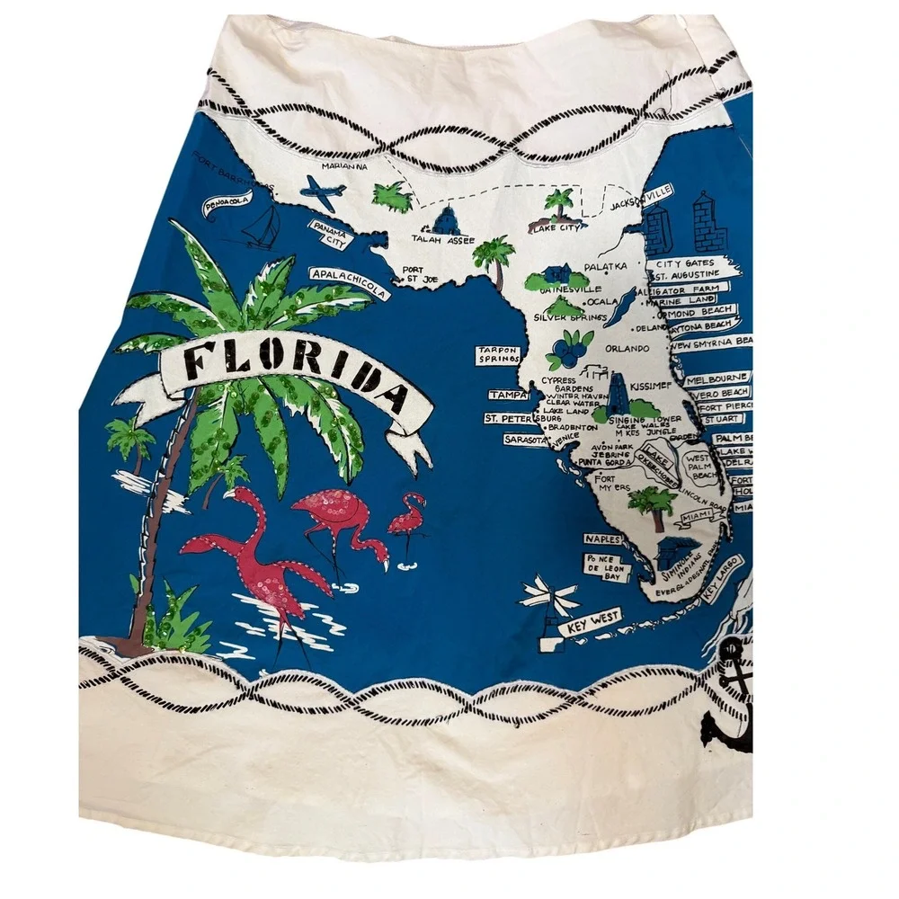 Basil & Maude Florida Souvenir Map‎ Skirt Sequin Flamingo Tropical Blue White 10